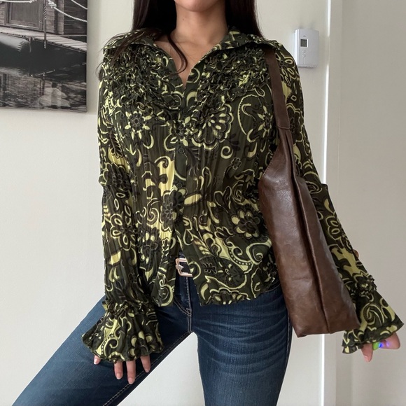 Vintage Boho Ruffle Button-Down Mesh Blouse - Picture 4 of 6